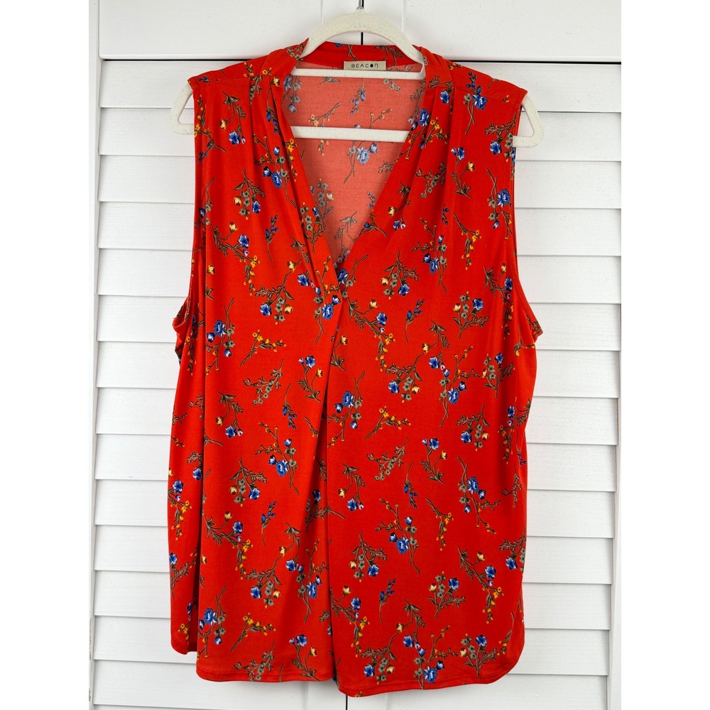 Beacon Sleeveless Blouse XXL Red Floral V-Neck Pleated Front Tank Top
